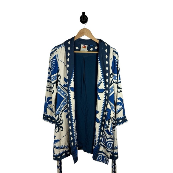 Farm Rio Anthropologie Long-Sleeve Blazer Mini Dress in Ivory/Blue Size SP - Picture 4 of 15